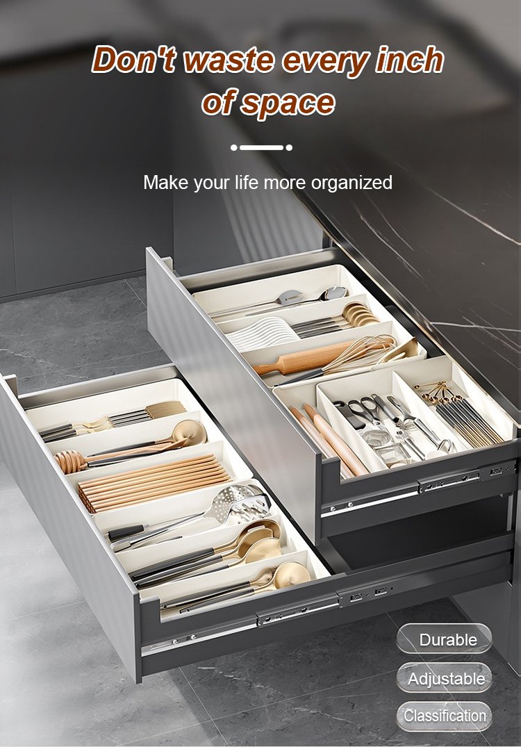 Expandable household dividers organizers in kitchen drawer