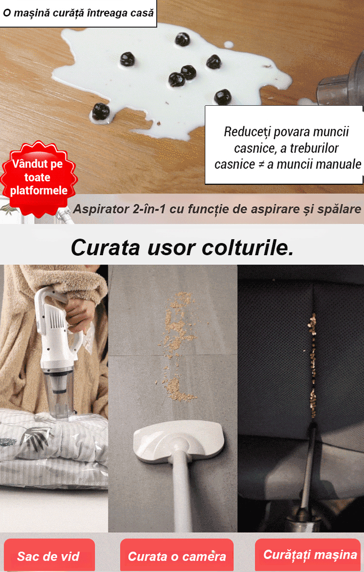 Aspirator de mână fără fir cu funcție de aspirare și ștergere.