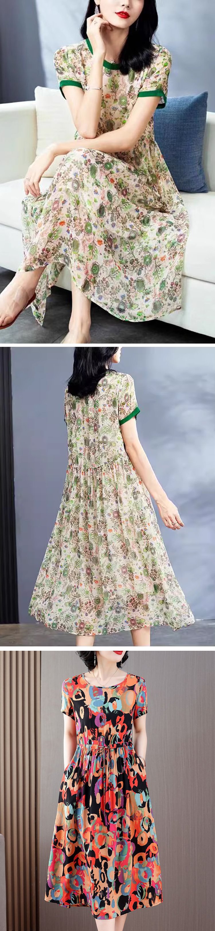 세련된 프린트와 루즈핏 실크 원피스 스타일링