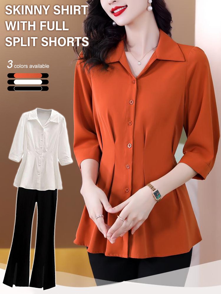 Shirt that conceals the belly and appears slimming, paired with versatile slit flared pants.