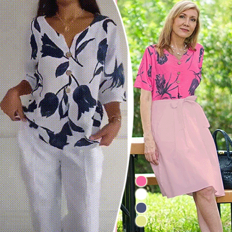 Printed cotton and linen V-neck short sleeved pullover shirt