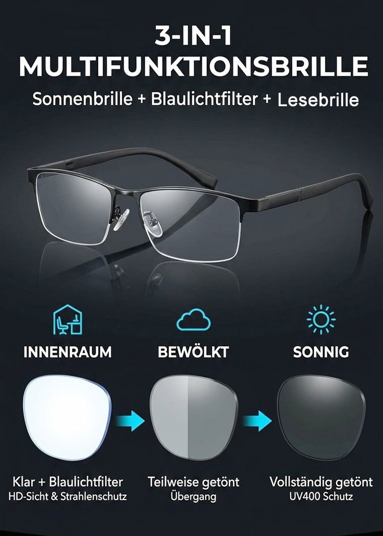 Intelligente, selbsttönende und ultraleichte Herrenbrille mit variablem Fokus