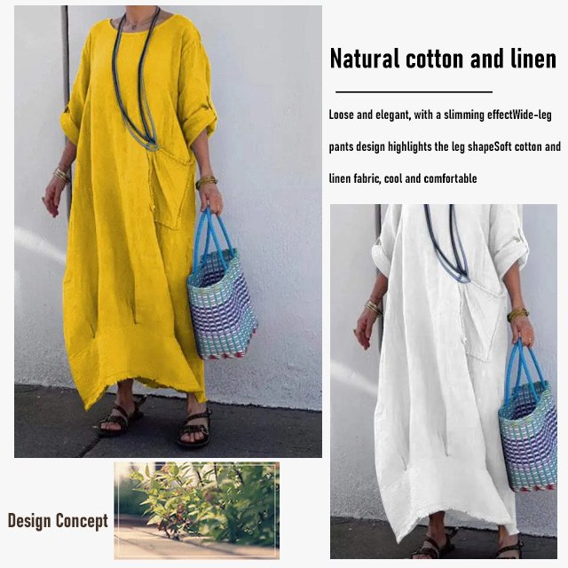 Cotton Linen Casual Solid Color Pocketed Round Neck Long Jumpsuit