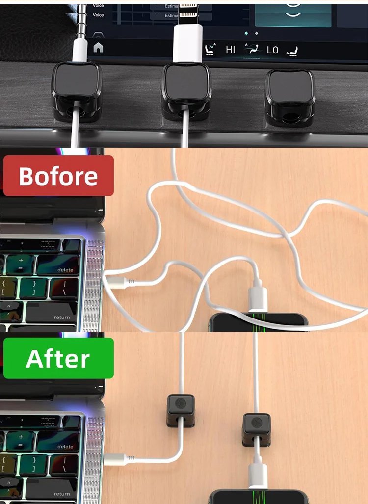 デスクの上のケーブルを整理するマグネットホルダー