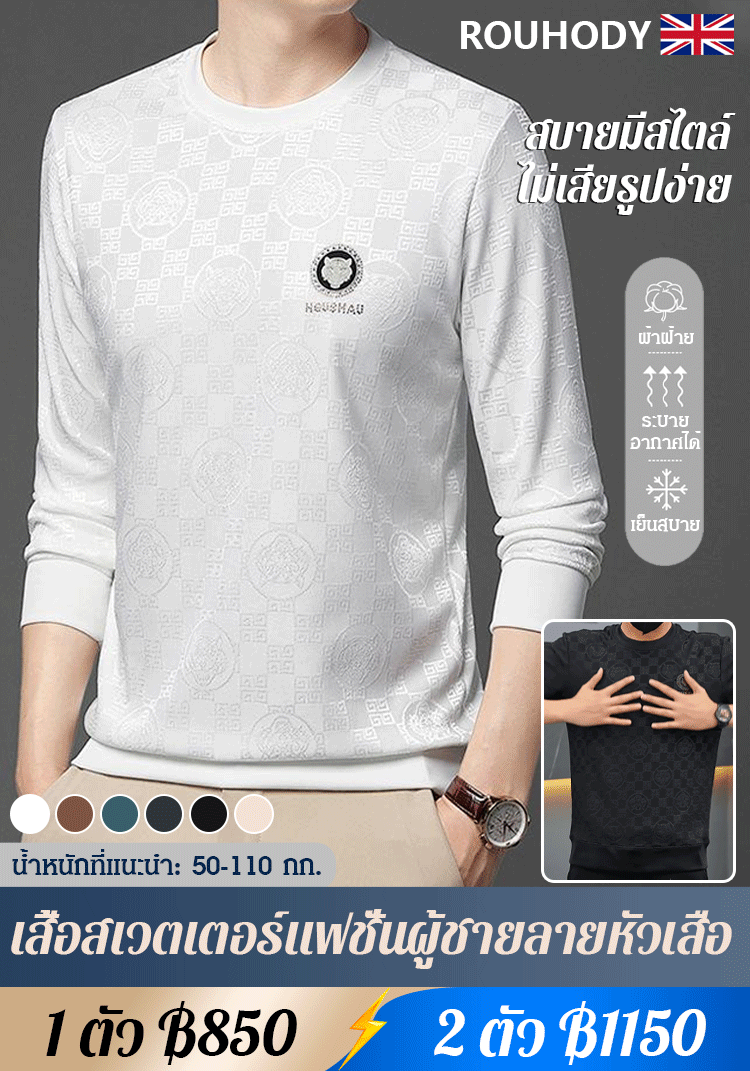 【หรูหราเบา ๆ สุภาพบุรุษ】เสื้อสเวตเตอร์คอกลมลายหัวเสือแฟชั่นสำหรับผู้ชาย