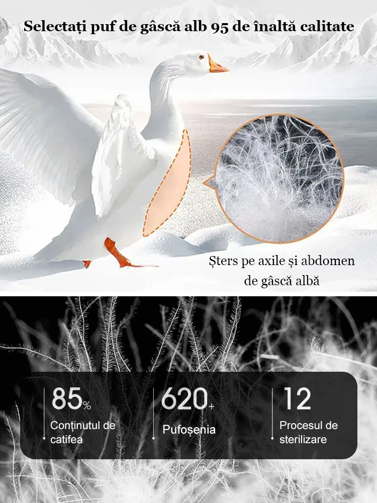 Palton scurt de puf alb de gâscă cu guler înalt