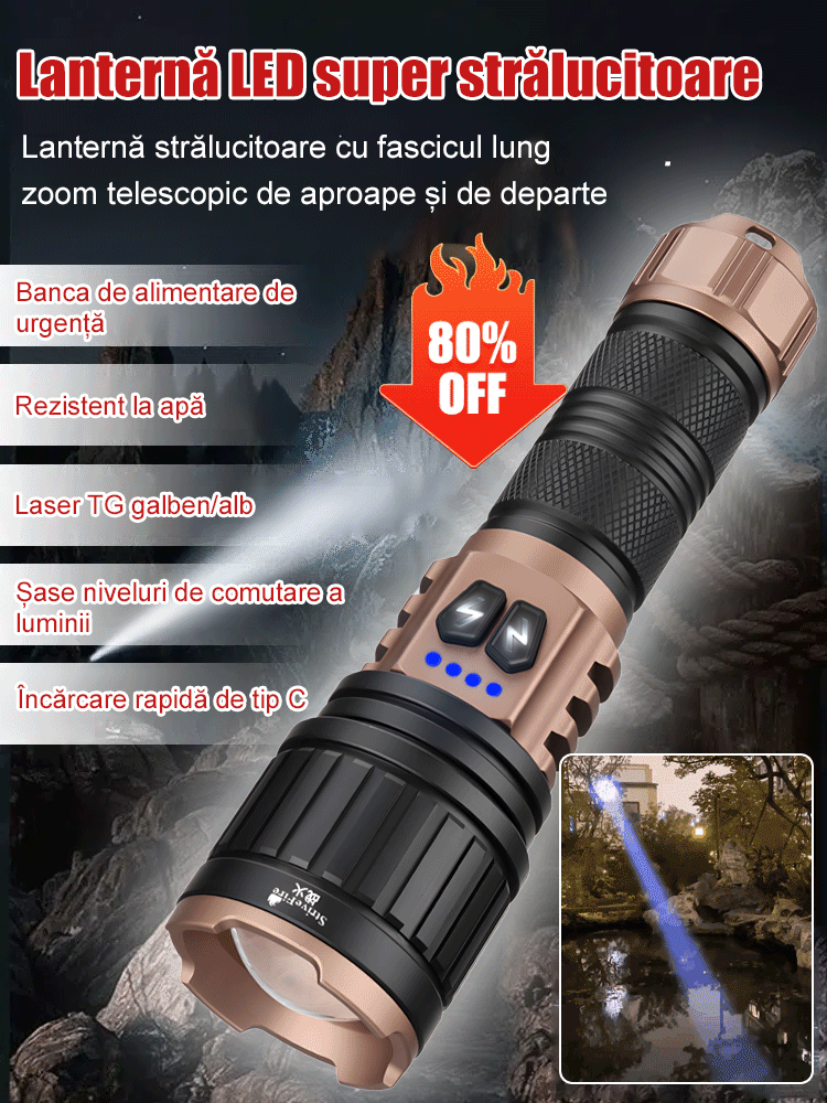 【Sursă dublă de lumină, rază ultra-luminoasă】Lanternă cu focalizare variabilă și laser alb