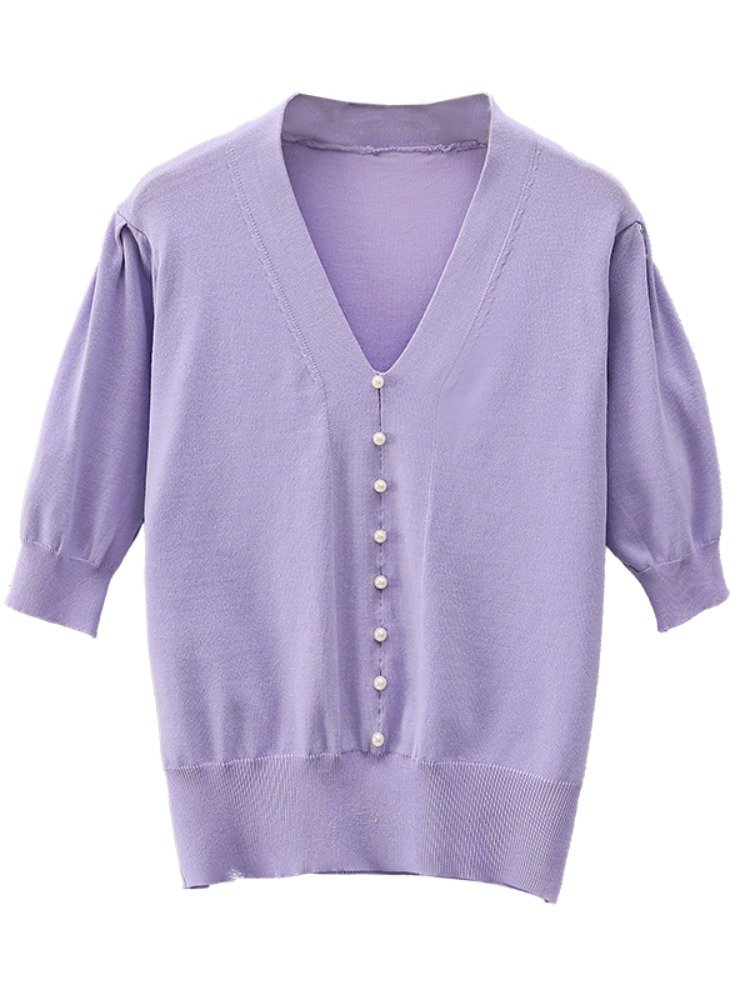 パール付きVネック5分袖サマーニット