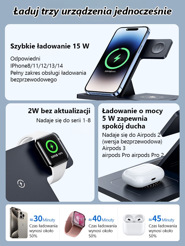 Przenośna składana magnetyczna ładowarka bezprzewodowa 3 w 1