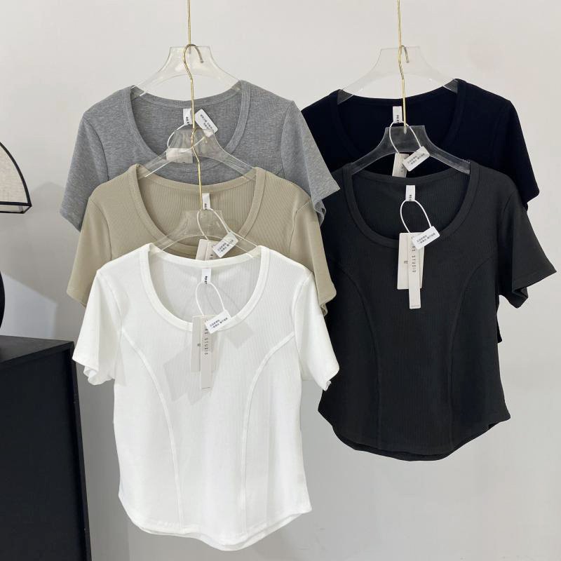 JL-스트레치 골지 코튼 스퀘어 넥 반팔 여성 티셔츠 여름