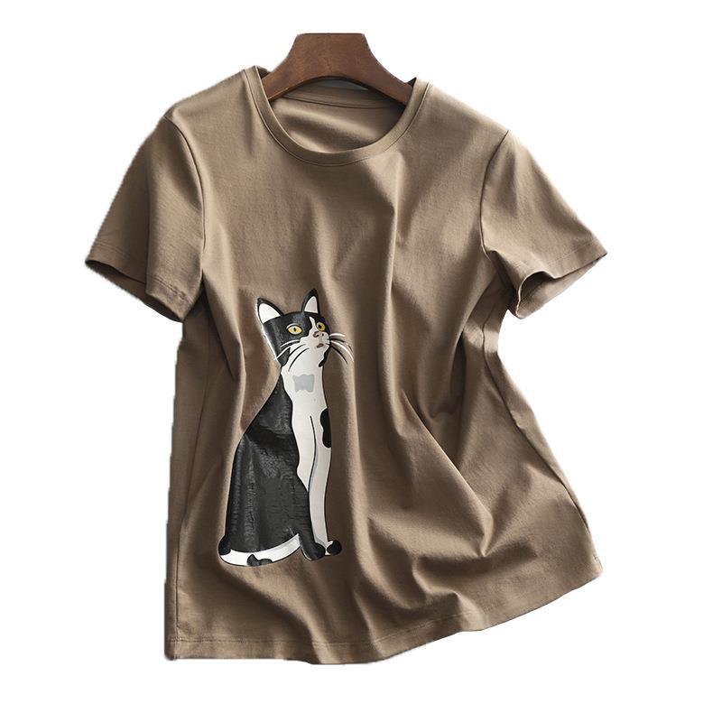 여성 라운드 넥 프린트 반팔 셔츠