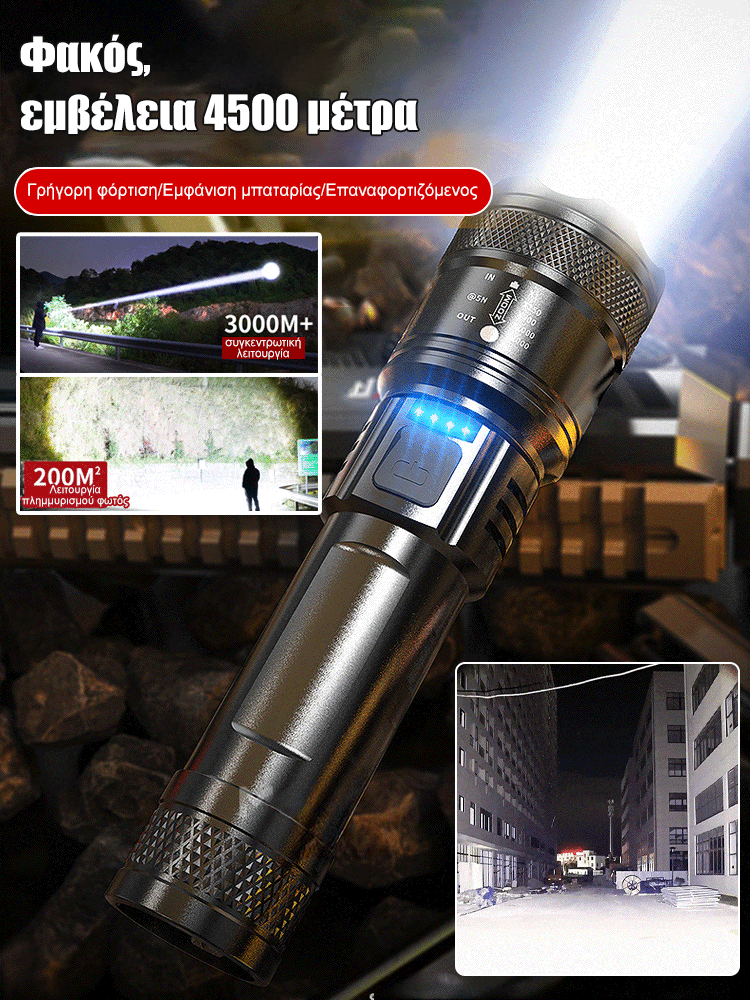 Φακός LED με ισχυρό φωτισμό, επεκτεινόμενος και ρυθμιζόμενος για εξωτερική χρήση.