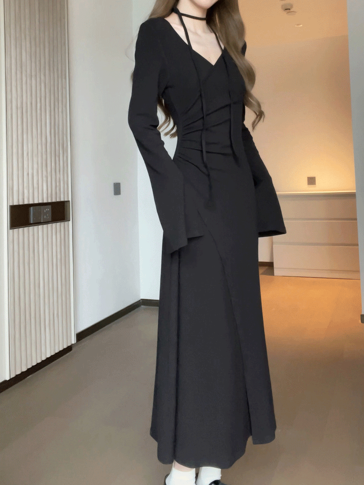 Vネック長袖ロングカシミヤニットワンピース