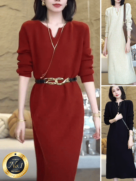 【無地で合わせやすい】秋冬のVネックニット長袖ロングワンピース
