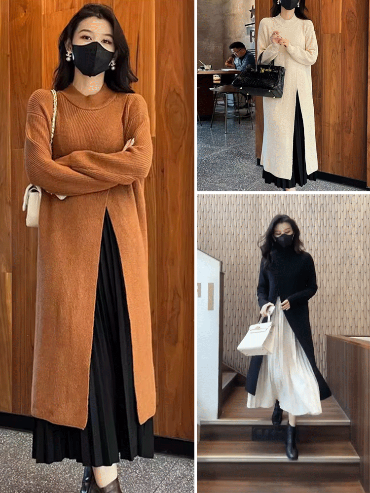 ラウンドネックラインのスプリットニットワンピース