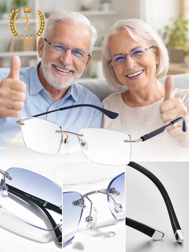 Eine rahmenlose, hochwertige Lesebrille mit diamantgeschliffenen Kanten im klassischen Design, die f