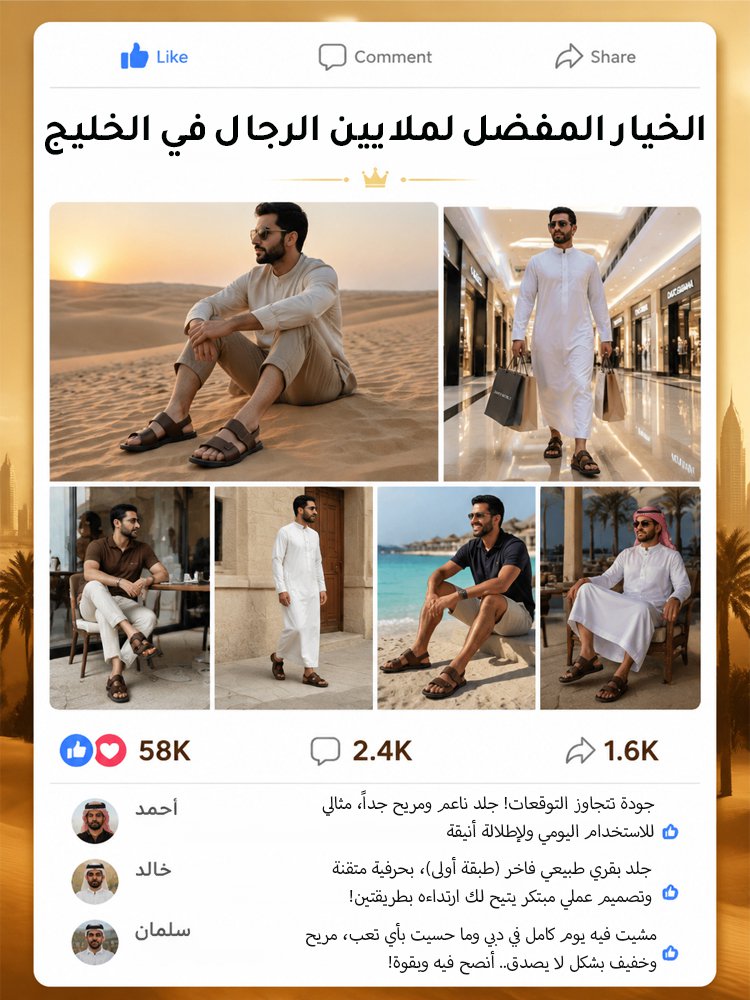 صندل رجالي من جلد البقر الطبيعي (طبقة أولى) بتصميم فيلكرو