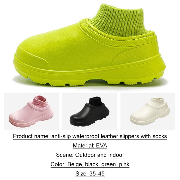 Non-slip and waterproof leather slippers with socks