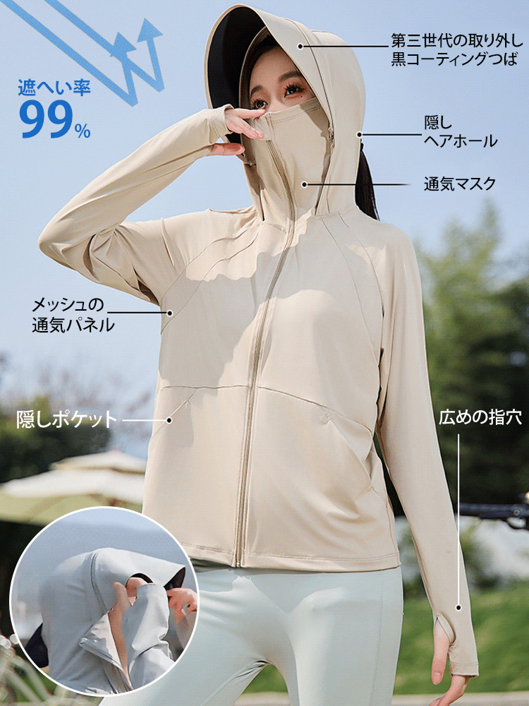 手先までカバーする男女兼用UVカットパーカー