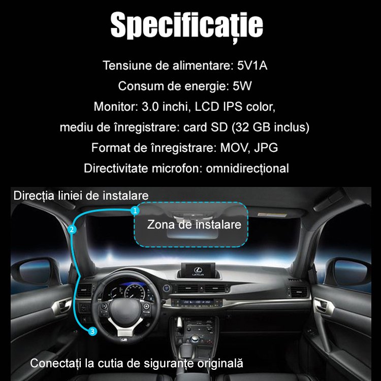 Recorder auto HD WiFi cu trei înregistrări