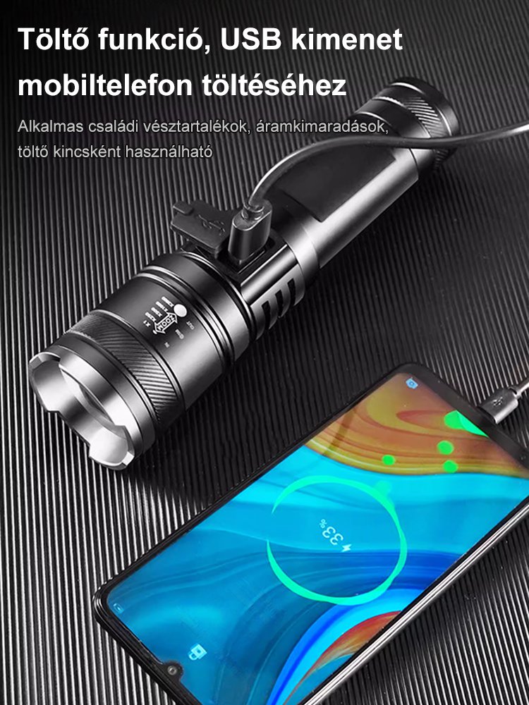 Erős LED-es, állítható fényszóróval ellátott kültéri zseblámpa.