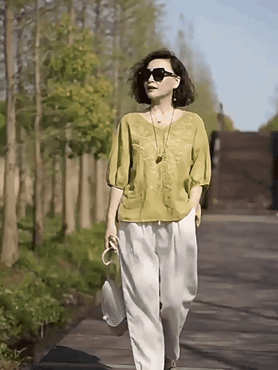 中袖顯瘦遮肉提花棉麻襯衫