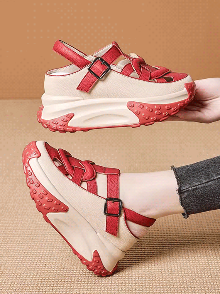 도파민 패션 통굽 리얼가죽 샌들