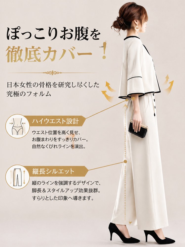 レディスクルーネック配色7分袖ボレロロングパンツセットアップ