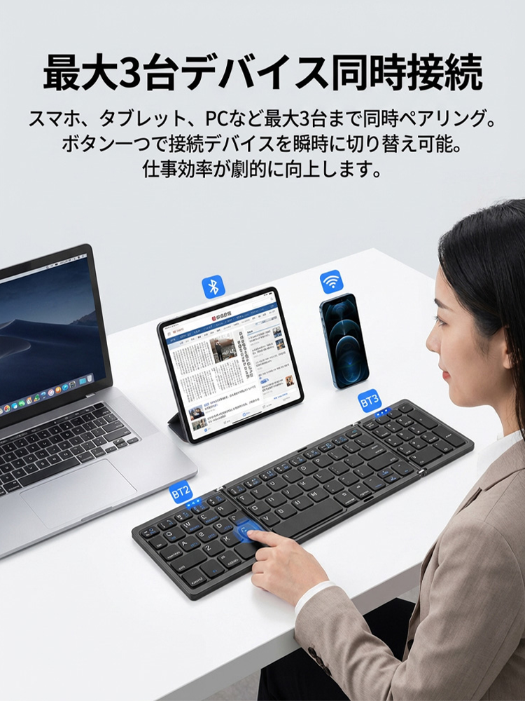 3つ折り式Bluetoothワイヤレスポータブルキーボード