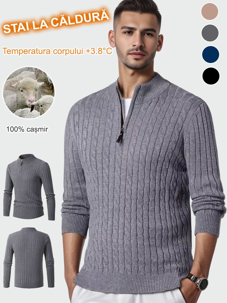 Pulover tricotat cu fermoar pe jumătate de gât înalt din cașmir cu fermoar
