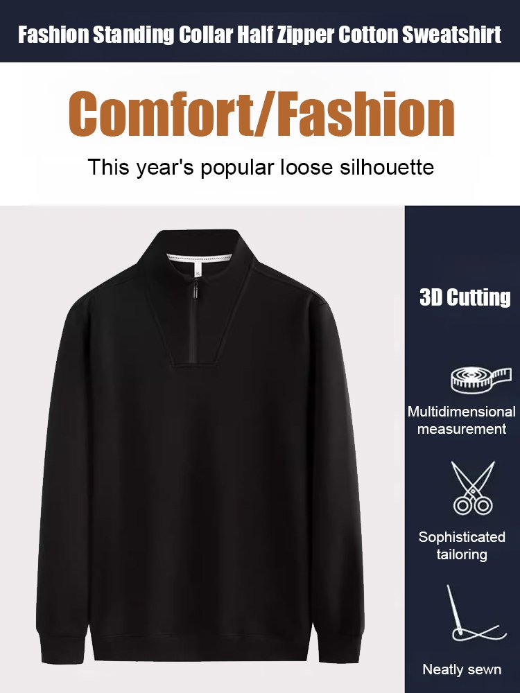Fashionable Stand Collar Half Zip Chinese Cotton Sweatshirt