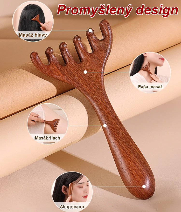 Zlatý hedvábný santalový dřevěný masážní hřeben meridián se šesti drápy