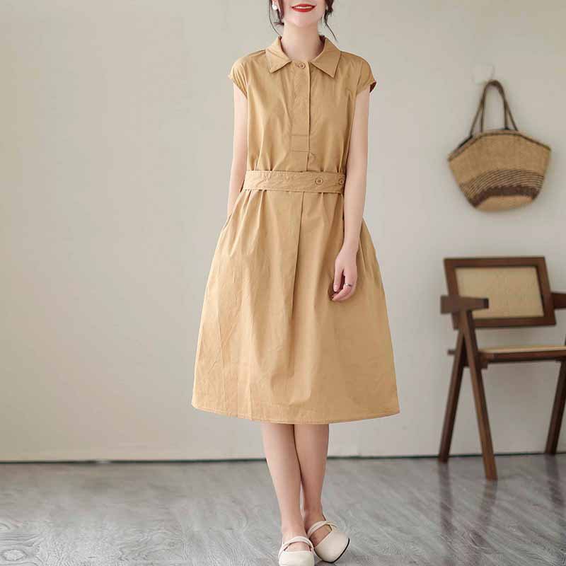 허리 조임 순면 원피스