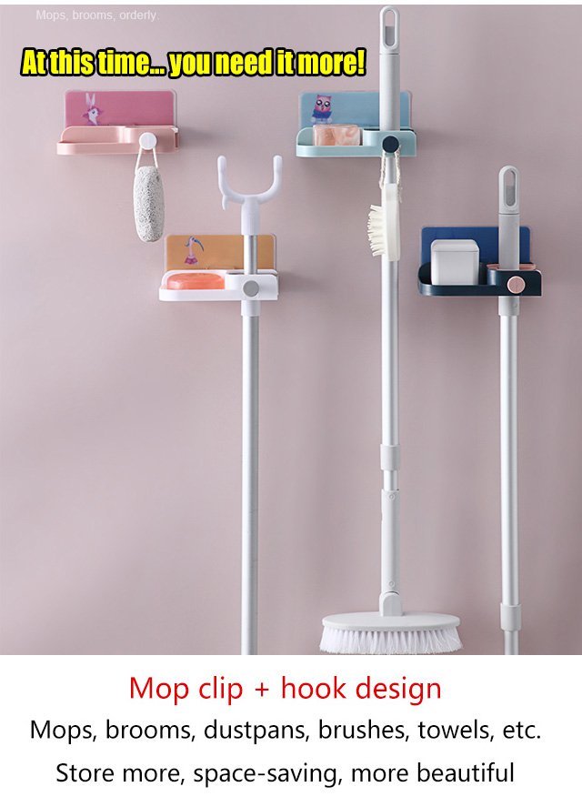 Multifunctional mop holder mounted on bathroom wall