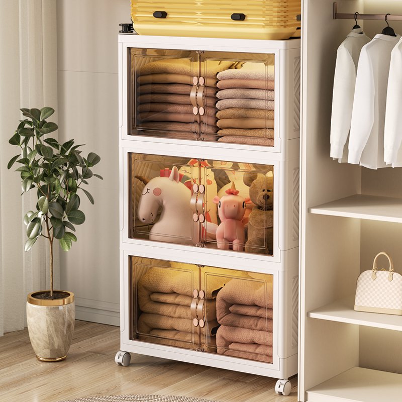 Close-up of foldable storage cabinet showing easy assembly