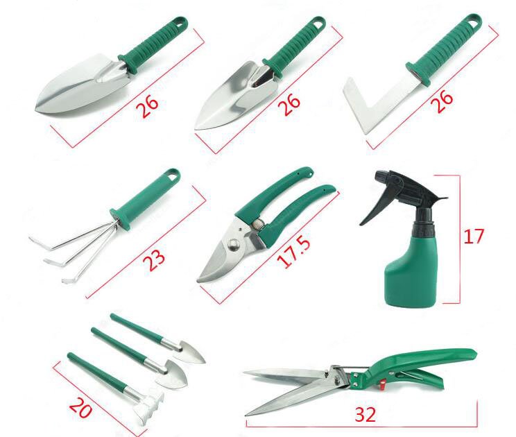 Garden shovel and hand rake included in 10-piece gardening supplies set
