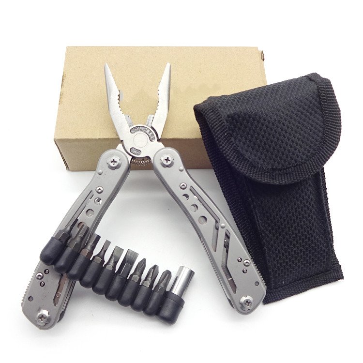 คีมอเนกประสงค์สแตนเลสพร้อมประแจและที่เปิดขวด มีหัวเปลี่ยน 10 ชิ้น พร้อมกระเป๋าไนลอน