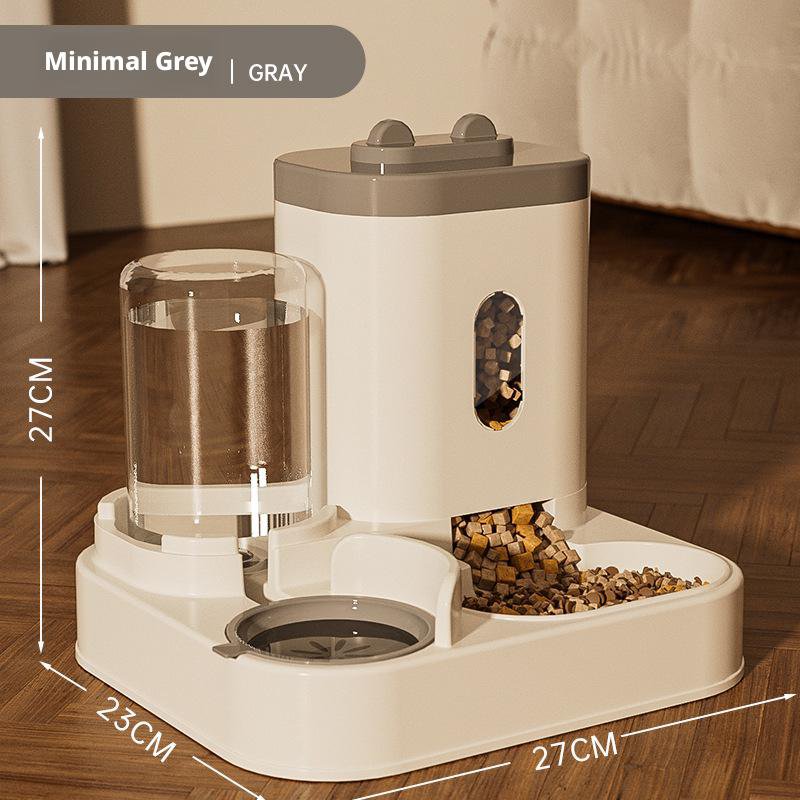 Cat and dog feeding station with food dish and water bottle