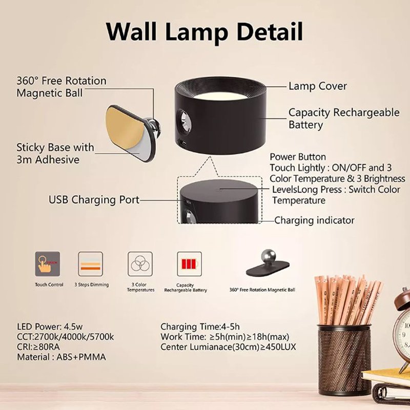 Rechargeable Battery Operated 3 Color Temperatures Dimmable Wall Sconce Lamp Magnetic 360 Rotation C