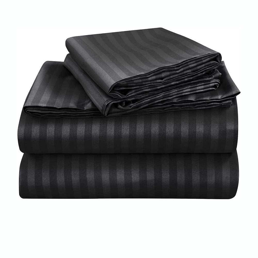 Wholesale 1800TC Luxury Bed Sheet Set White Hotel Linen 1cm Satin Stripe Bulk Bed Flat Sheets for St