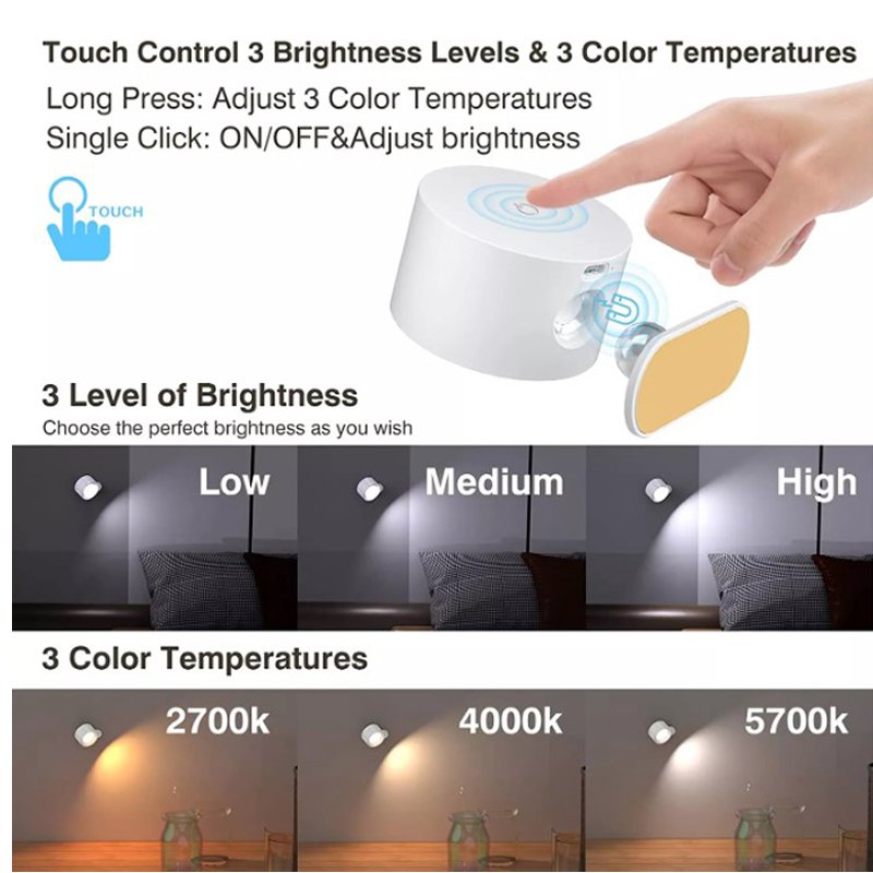 Rechargeable Battery Operated 3 Color Temperatures Dimmable Wall Sconce Lamp Magnetic 360 Rotation C