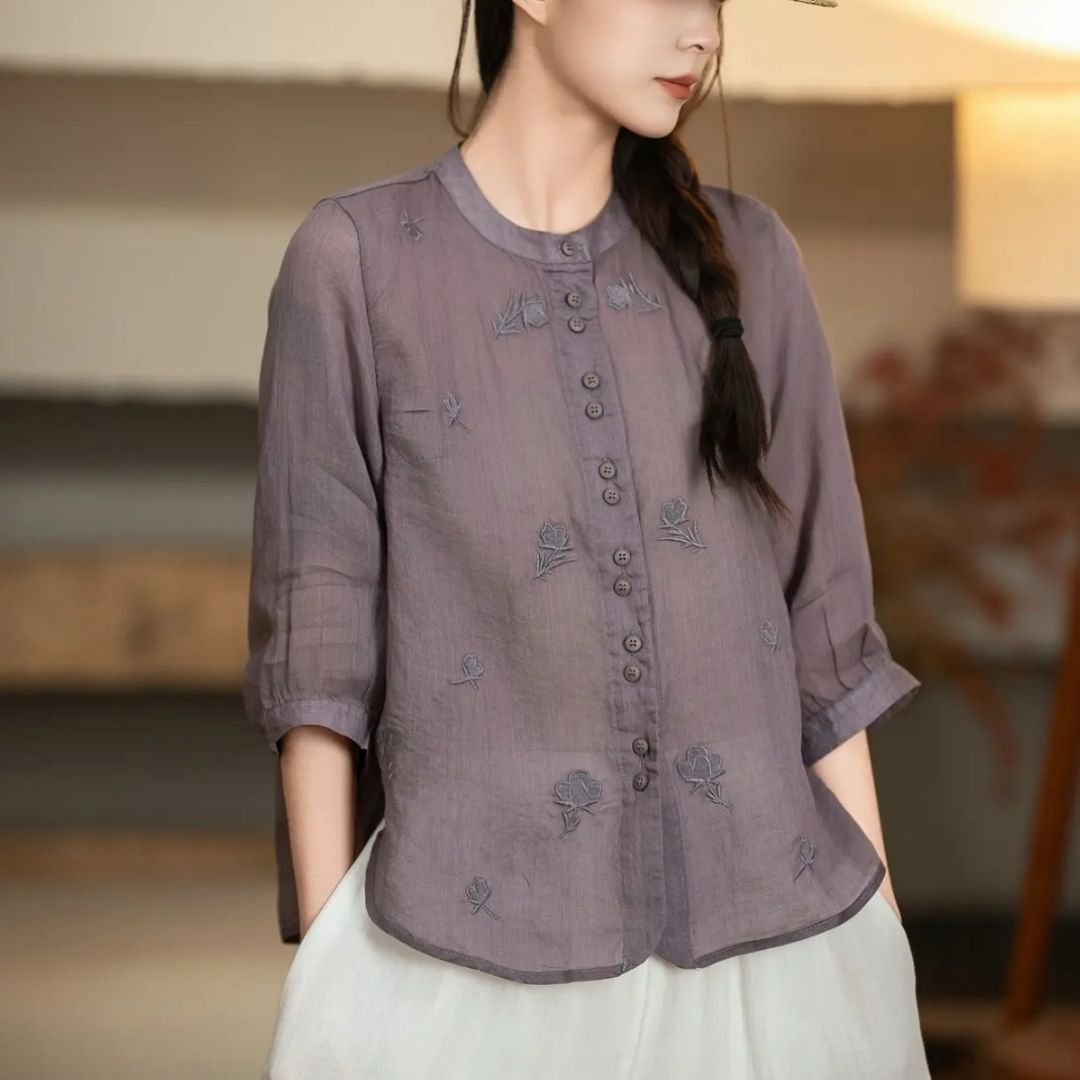 【立領刺繡】復古五分袖襯衫女