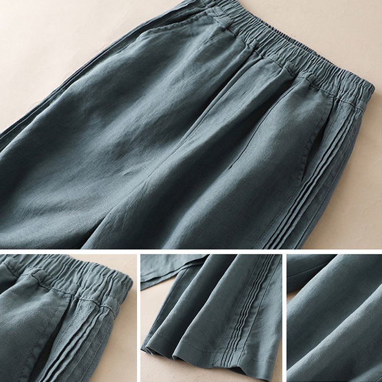 夏の綿麻のレディースワイドパンツ