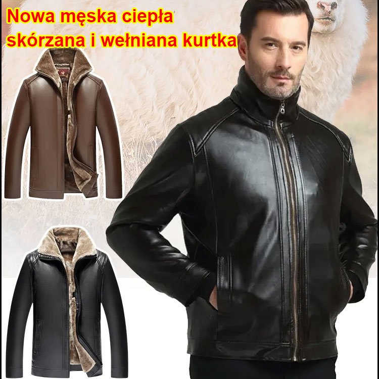 Nowa męska ciepła skórzana i wełniana kurtka