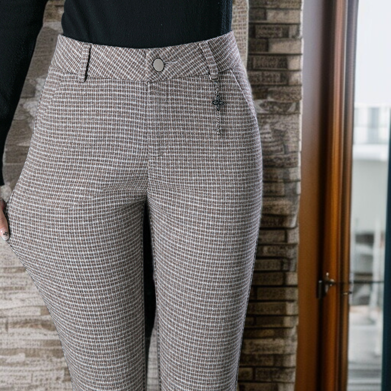 高弾性チェック柄冬厚手パンツ全体画像