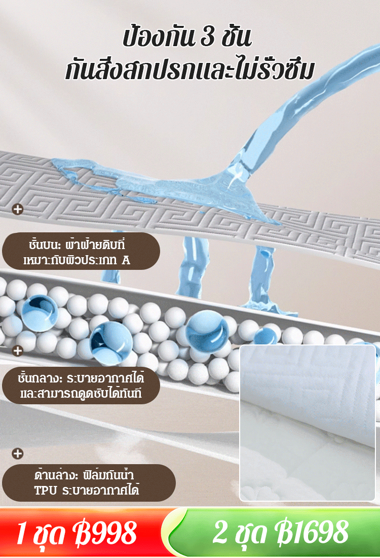 ชุดผ้าปูที่นอนกันน้ำ 3 ชิ้นใช้ได้ตลอดทั้งปี