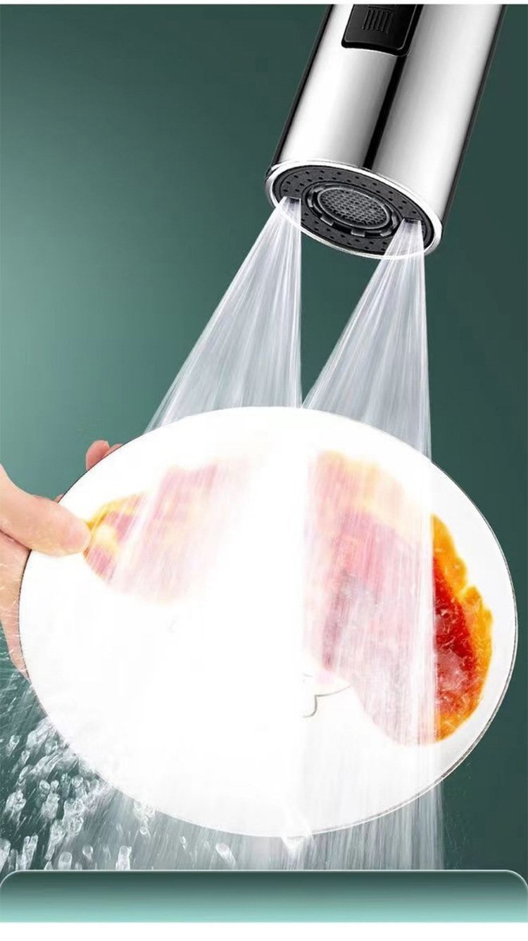 水はね防止機能を強調した蛇口シャワーヘッド