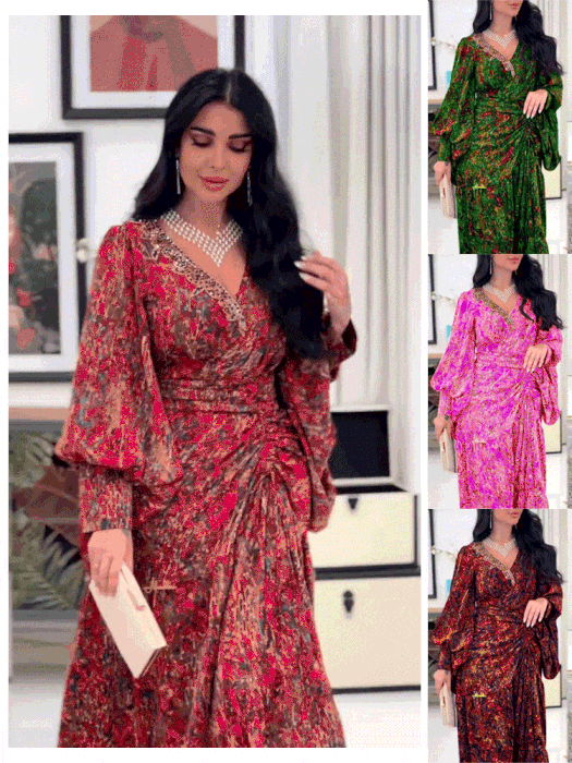 فستان أنيق ميزن بأنماط الزهور مع الياقة على شكل V 