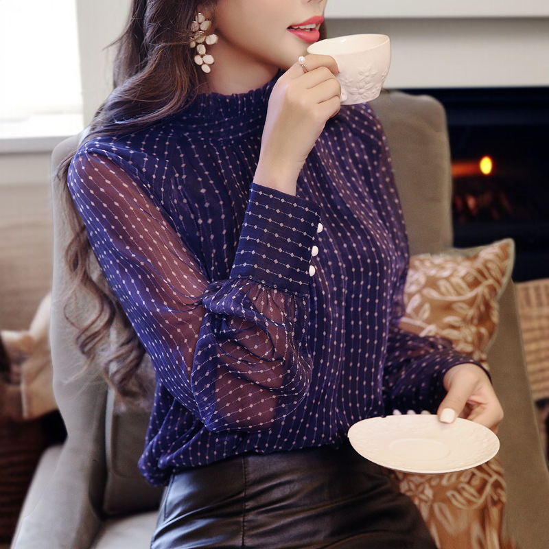 水玉柄レディースシフォンシャツ全体画像