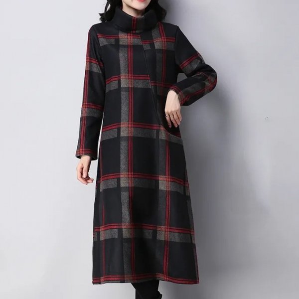 欠かせないチェック柄ハイネック長袖すね丈カジュアルワンピース